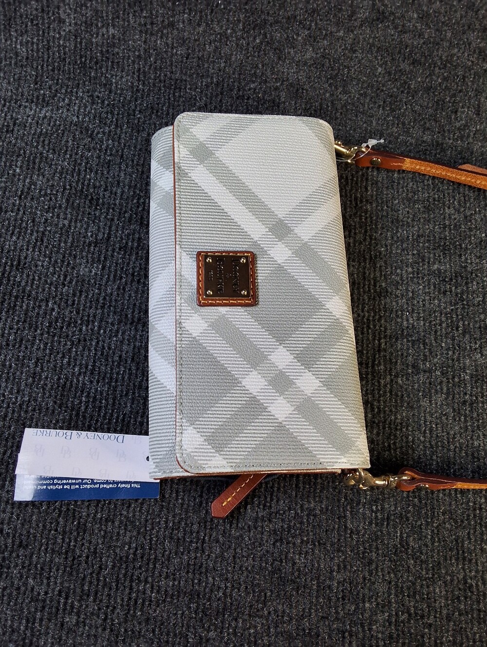 Dooney & Bourke Gray Plaid Tartan Crossbody Wallet with Tan Strap